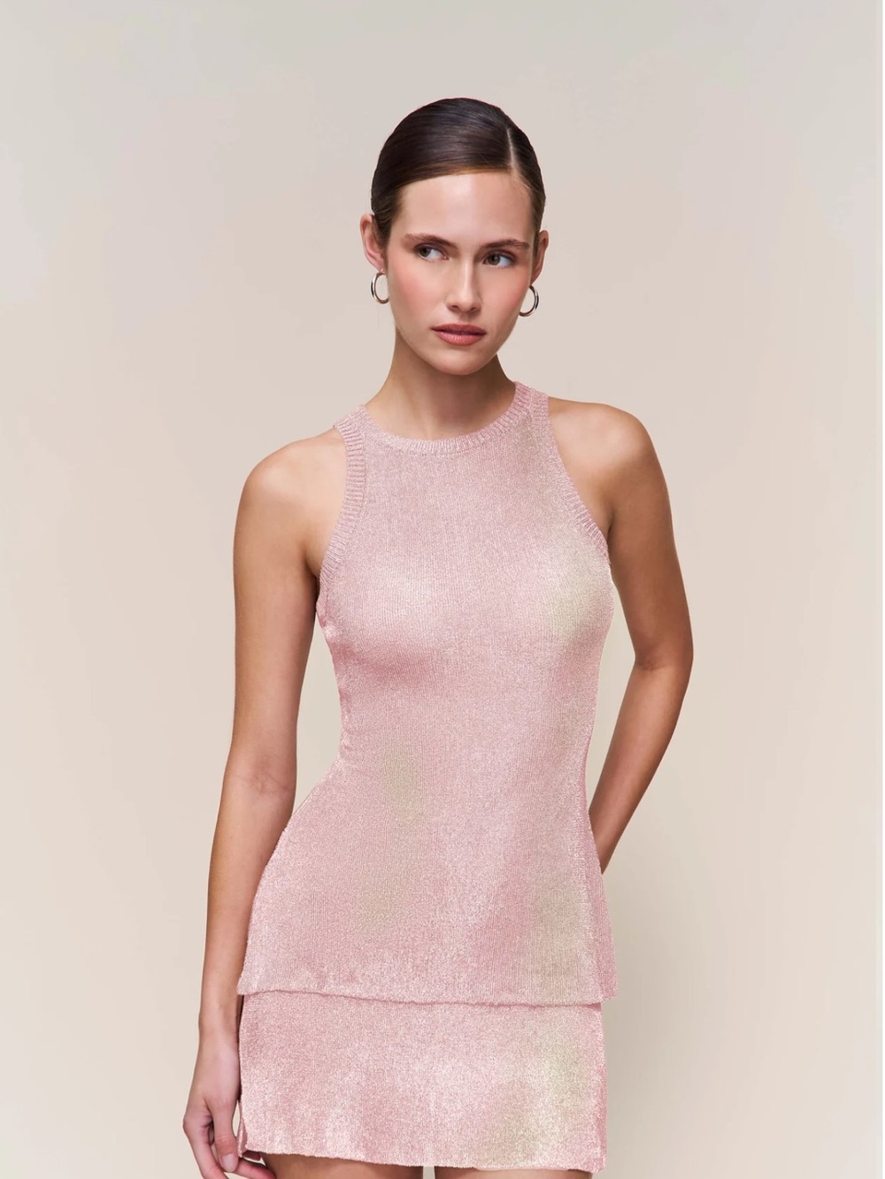Danielle Guizio Shimmer Knit Mini Skirt Set - Pink